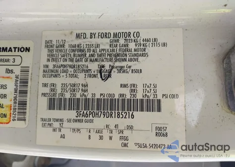 2013 Ford Fusion Se z USA, uszkodzony, nr VIN 3FA6P0H79DR185216